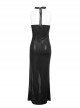 Punk Style Sexy High Slit Slightly Transparent Front Chest Hollow Chain Black Vertical Stripes Halter Neck Lace Sleeveless Dress