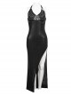 Punk Style Sexy High Slit Slightly Transparent Front Chest Hollow Chain Black Vertical Stripes Halter Neck Lace Sleeveless Dress