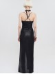 Punk Style Sexy High Slit Slightly Transparent Front Chest Hollow Chain Black Vertical Stripes Halter Neck Lace Sleeveless Dress