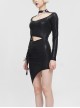 Gothic Style Elastic Shiny Knitted Front Center Hollow V Neck Waist Asymmetric Black Long Sleeved Dress