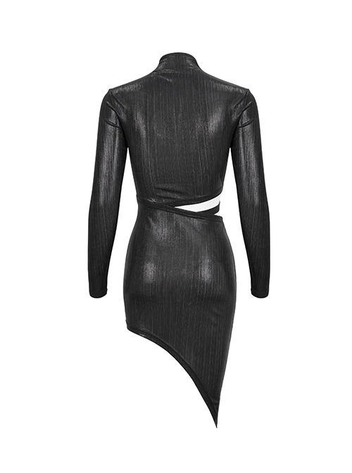 Gothic Style Elastic Shiny Knitted Front Center Hollow V Neck Waist Asymmetric Black Long Sleeved Dress