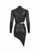 Gothic Style Elastic Shiny Knitted Front Center Hollow V Neck Waist Asymmetric Black Long Sleeved Dress