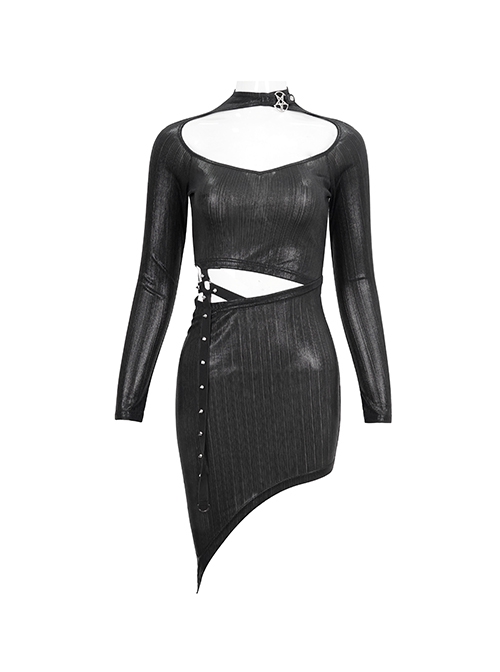 Gothic Style Elastic Shiny Knitted Front Center Hollow V Neck Waist Asymmetric Black Long Sleeved Dress