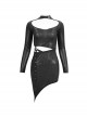 Gothic Style Elastic Shiny Knitted Front Center Hollow V Neck Waist Asymmetric Black Long Sleeved Dress