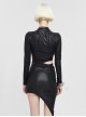 Gothic Style Elastic Shiny Knitted Front Center Hollow V Neck Waist Asymmetric Black Long Sleeved Dress