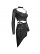 Gothic Style Elastic Shiny Knitted Front Center Hollow V Neck Waist Asymmetric Black Long Sleeved Dress