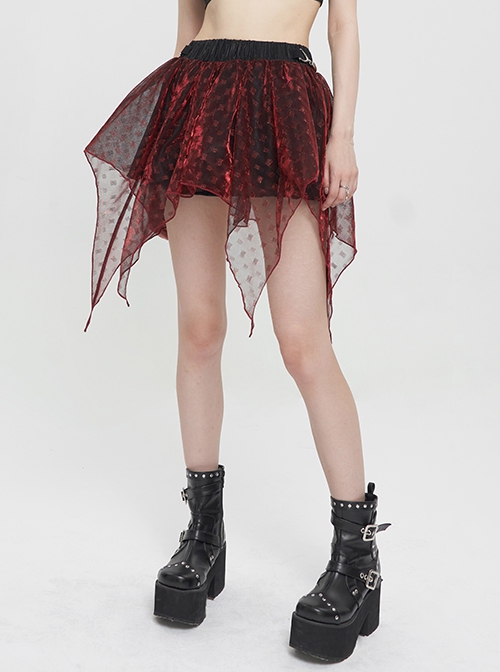 Punk Style Shiny Diamond Mesh With Hard Mesh Lining Red Ballet Skirt