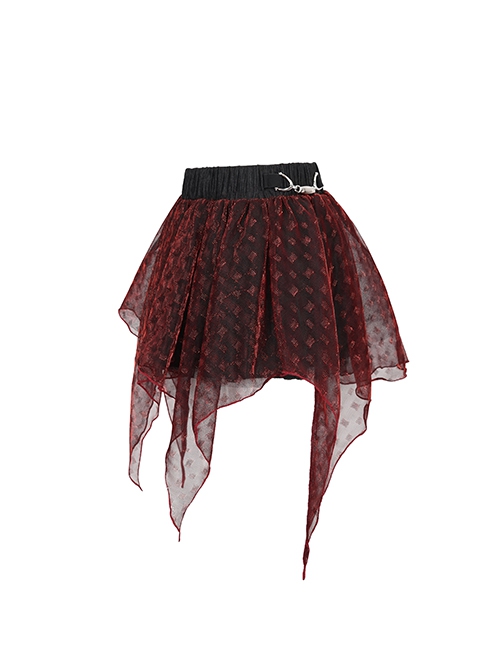 Punk Style Shiny Diamond Mesh With Hard Mesh Lining Red Ballet Skirt