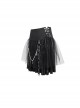 Punk Style Cross Print Knitted Front Center Metal Ring Stitching Leather Buckle Decoration Black Daily Skirt