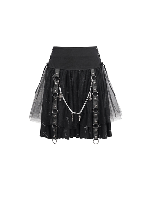 Punk Style Cross Print Knitted Front Center Metal Ring Stitching Leather Buckle Decoration Black Daily Skirt