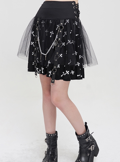 Punk Style Cross Print Knitted Front Center Metal Ring Stitching Leather Buckle Decoration Black And White Daily Skirt