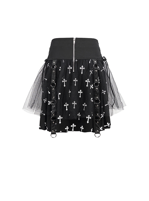 Punk Style Cross Print Knitted Front Center Metal Ring Stitching Leather Buckle Decoration Black And White Daily Skirt