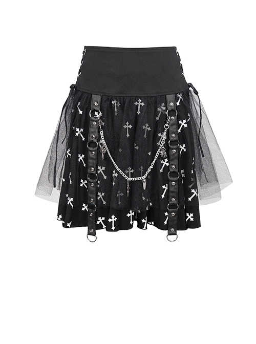 Punk Style Cross Print Knitted Front Center Metal Ring Stitching Leather Buckle Decoration Black And White Daily Skirt