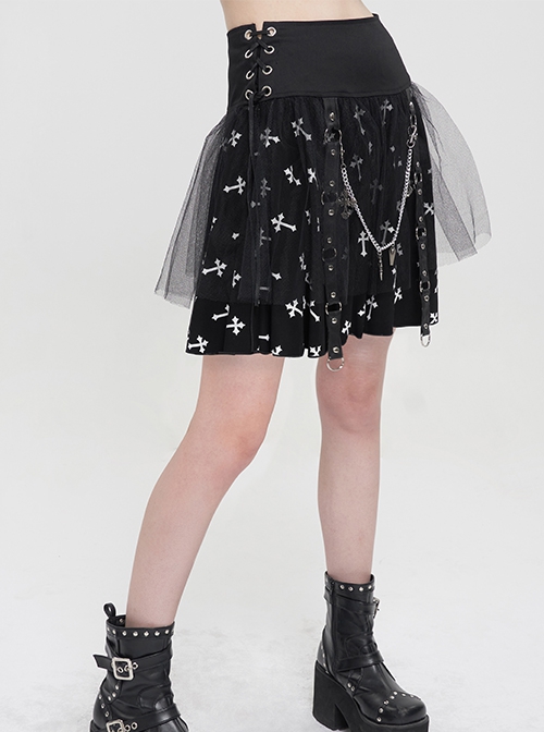 Punk Style Cross Print Knitted Front Center Metal Ring Stitching Leather Buckle Decoration Black And White Daily Skirt