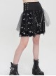 Punk Style Cross Print Knitted Front Center Metal Ring Stitching Leather Buckle Decoration Black And White Daily Skirt