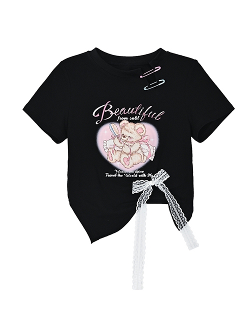 Cute Ballet Sweetheart Bear Print Creative Pin Collar Kawaii Fashion Soft Girl Irregular Short Sleeves Shirt