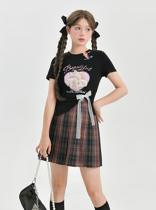 Cute Ballet Sweetheart Bear Print Creative Pin Collar Kawaii Fashion Soft Girl Irregular Short Sleeves Shirt