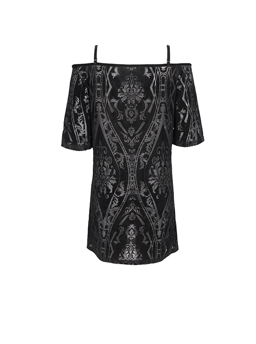 Punk Style Elastic Flocking Printed Side Slit Off Shoulder Black Short Sleeved Suspender Dress