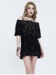 Punk Style Elastic Flocking Printed Side Slit Off Shoulder Black Short Sleeved Suspender Dress