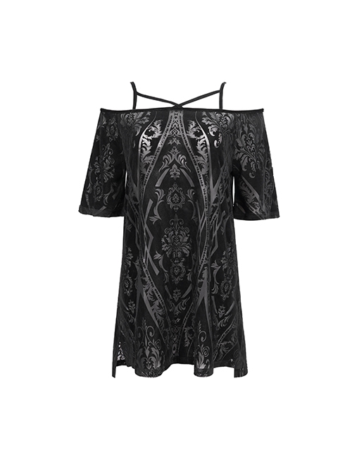 Punk Style Elastic Flocking Printed Side Slit Off Shoulder Black Short Sleeved Suspender Dress