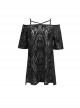 Punk Style Elastic Flocking Printed Side Slit Off Shoulder Black Short Sleeved Suspender Dress