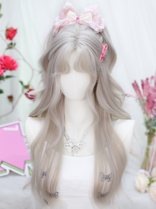 Moonlight Beige Gray Long Curly Hair Mid-Split Bangs Cute Idol Sweet Lolita Full Head Wig