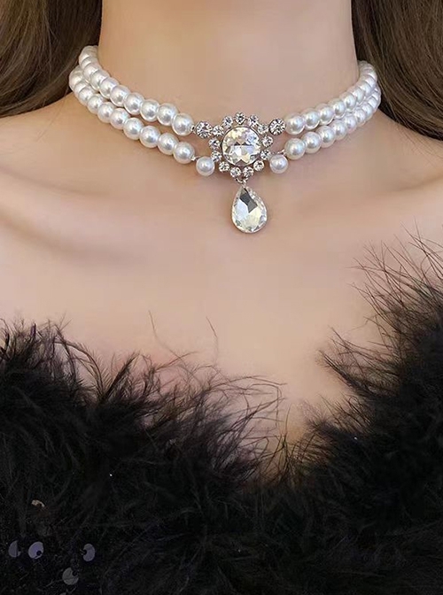 French Light Luxurious Shining Zircon Rhinestone Pendant Double Layered Pearl Classic Lolita Necklace