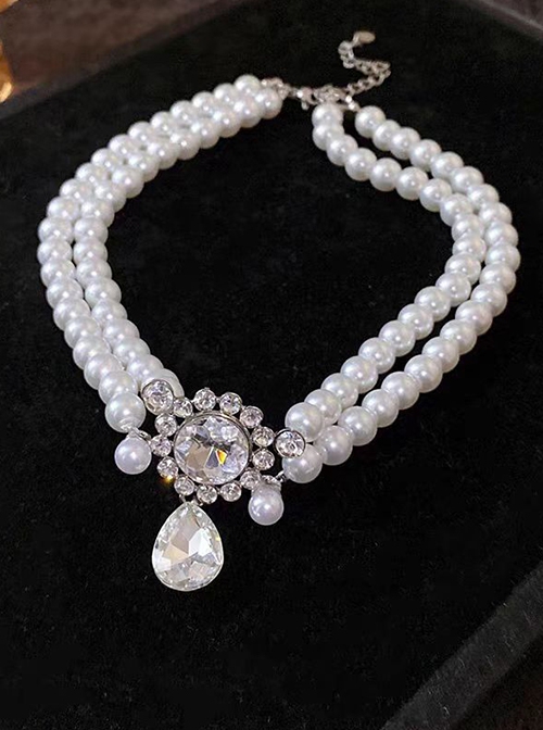 French Light Luxurious Shining Zircon Rhinestone Pendant Double Layered Pearl Classic Lolita Necklace