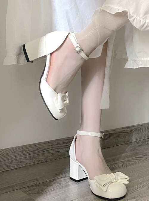 French Elegant Ballet Style Bowknot Classic Lolita High Heels PU Round Toe Mary Jane Shoes