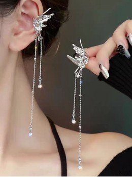 Sweet Cool Y2K Elegant Silver Metal Butterfly Tassel Elegant Punk Lolita Earrings Ear Bone Clip