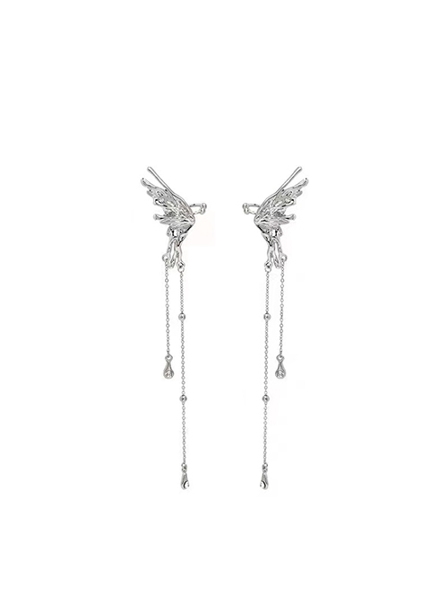 Sweet Cool Y2K Elegant Silver Metal Butterfly Tassel Elegant Punk Lolita Earrings Ear Bone Clip