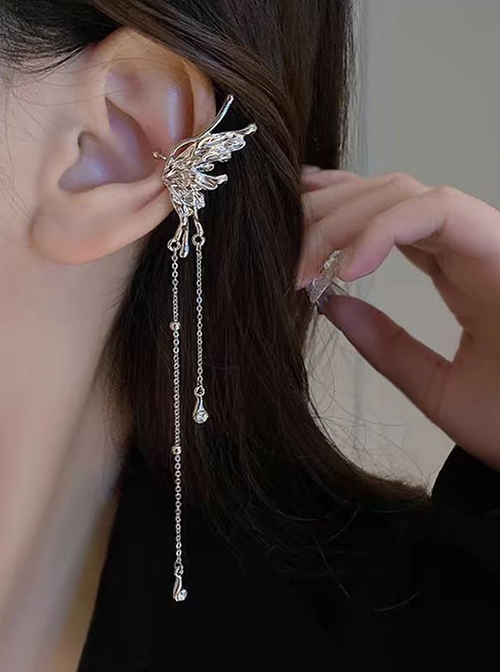 Sweet Cool Y2K Elegant Silver Metal Butterfly Tassel Elegant Punk Lolita Earrings Ear Bone Clip