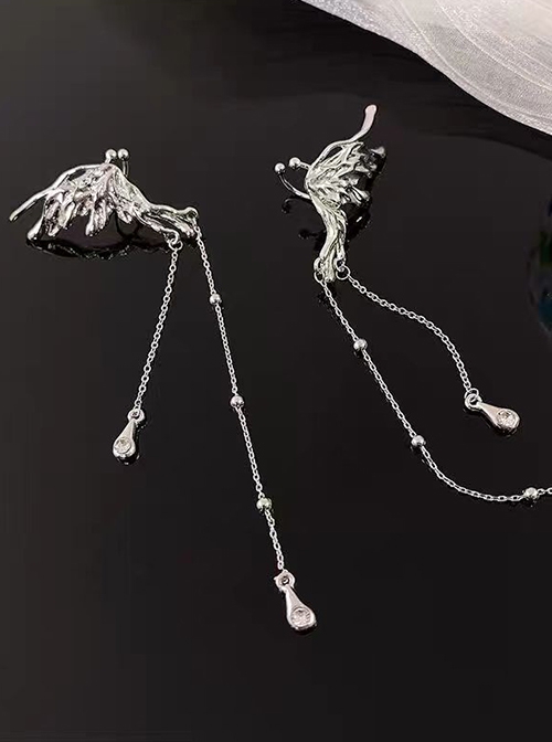 Sweet Cool Y2K Elegant Silver Metal Butterfly Tassel Elegant Punk Lolita Earrings Ear Bone Clip