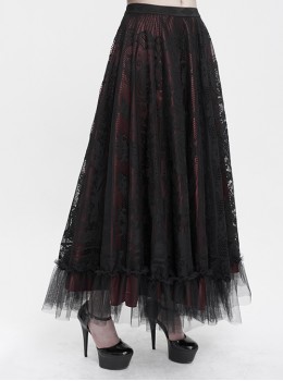 Gothic Style Exquisite Lace Floral Mesh With Ruffled Hem Black And Red Skirt