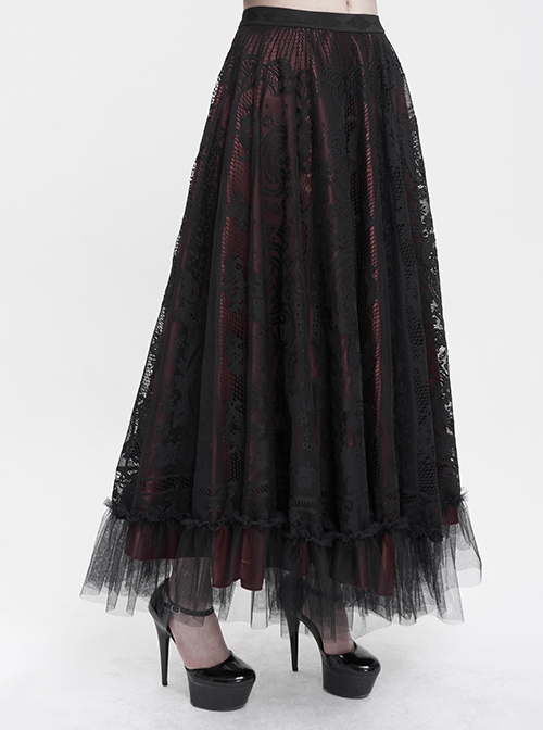 Gothic Style Exquisite Lace Floral Mesh With Ruffled Hem Black And Red Skirt