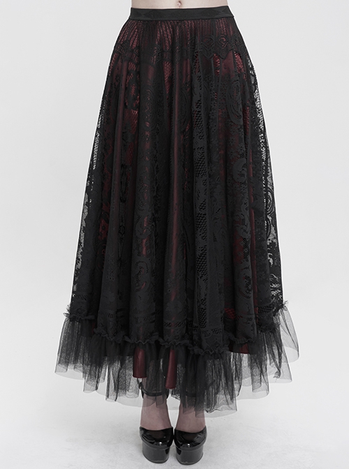 Gothic Style Exquisite Lace Floral Mesh With Ruffled Hem Black And Red Skirt