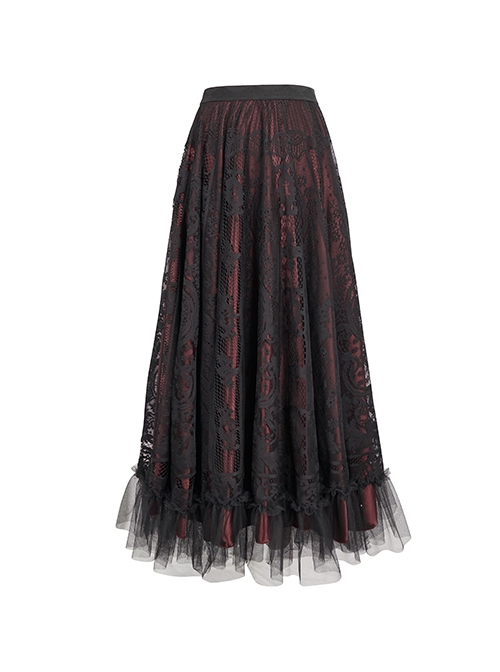 Gothic Style Exquisite Lace Floral Mesh With Ruffled Hem Black And Red Skirt