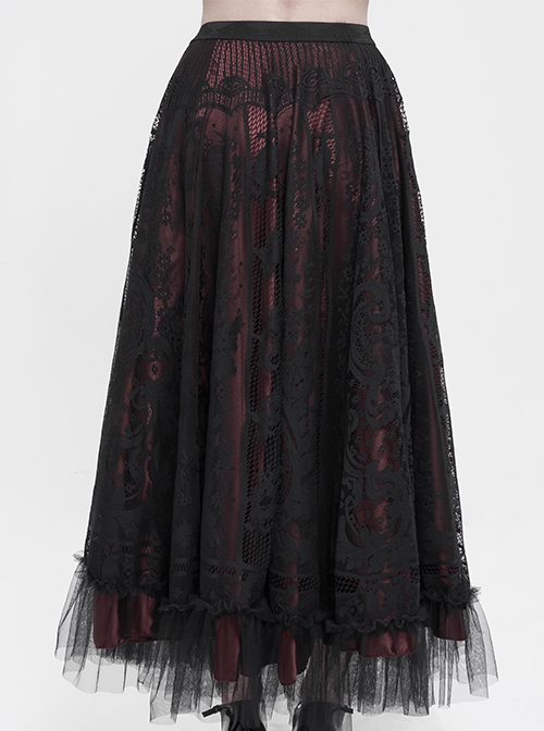 Gothic Style Exquisite Lace Floral Mesh With Ruffled Hem Black And Red Skirt