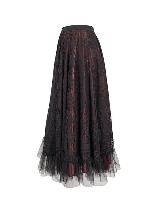 Gothic Style Exquisite Lace Floral Mesh With Ruffled Hem Black And Red Skirt