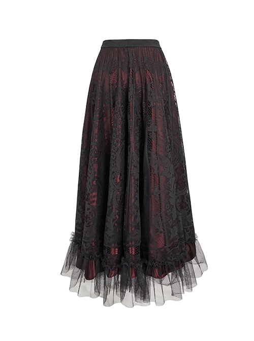 Gothic Style Exquisite Lace Floral Mesh With Ruffled Hem Black And Red Skirt