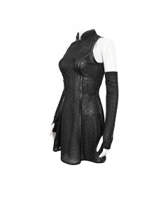 Punk Style Elastic Cheongsam High Collar Black Sleeveless Short Dress