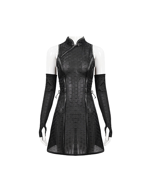 Punk Style Elastic Cheongsam High Collar Black Sleeveless Short Dress