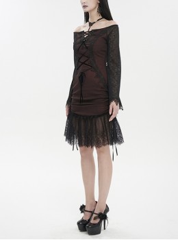 Gothic Style Elastic Grain Front Lace Ribbon With One Shoulder Burgundy Trumpet Sleeve Dress