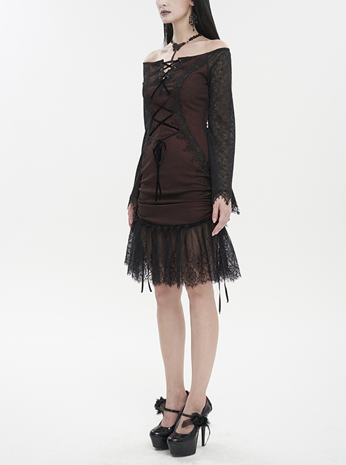 Gothic Style Elastic Grain Front Lace Ribbon With One Shoulder Burgundy Trumpet Sleeve Dress