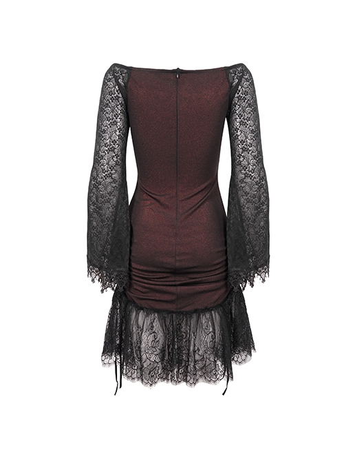 Gothic Style Elastic Grain Front Lace Ribbon With One Shoulder Burgundy Trumpet Sleeve Dress