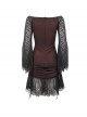 Gothic Style Elastic Grain Front Lace Ribbon With One Shoulder Burgundy Trumpet Sleeve Dress