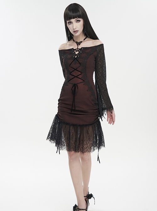 Gothic Style Elastic Grain Front Lace Ribbon With One Shoulder Burgundy Trumpet Sleeve Dress