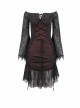 Gothic Style Elastic Grain Front Lace Ribbon With One Shoulder Burgundy Trumpet Sleeve Dress