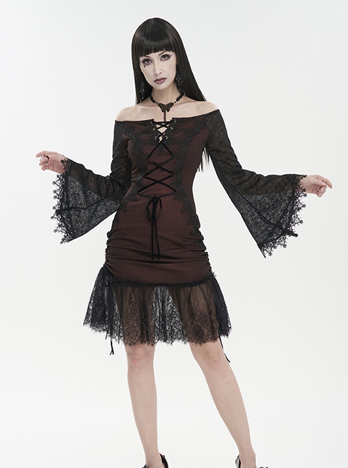 Gothic Style Elastic Grain Front Lace Ribbon With One Shoulder Burgundy Trumpet Sleeve Dress