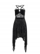 Gothic Style Sexy Micro Transparent Flocking Front Chest Five Pointed Star Suspenders Decorated Black Sleeveless Daily Dress